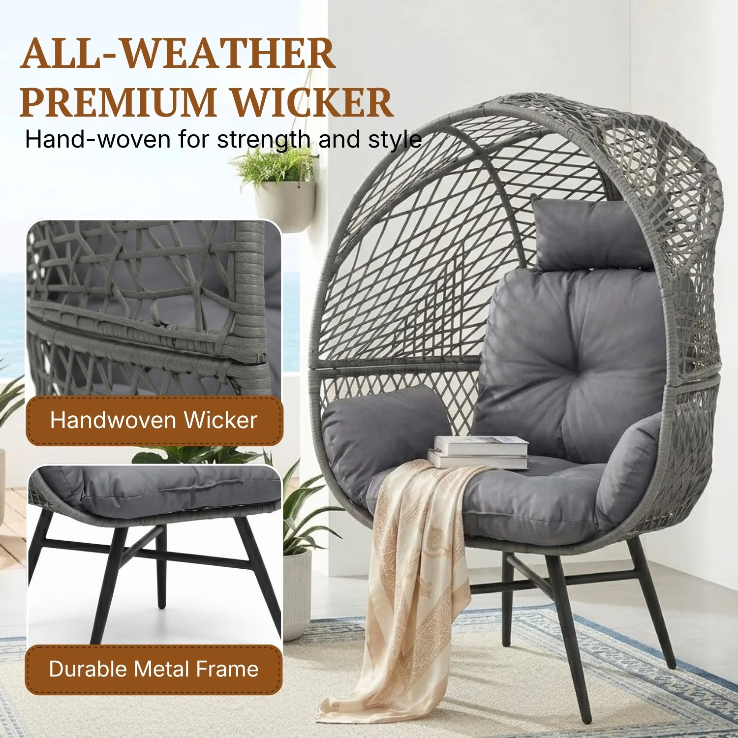Outdoor Wicker Egg Chair with Glass Top Side Table (Silver Grey & Dark Grey) - Image 3