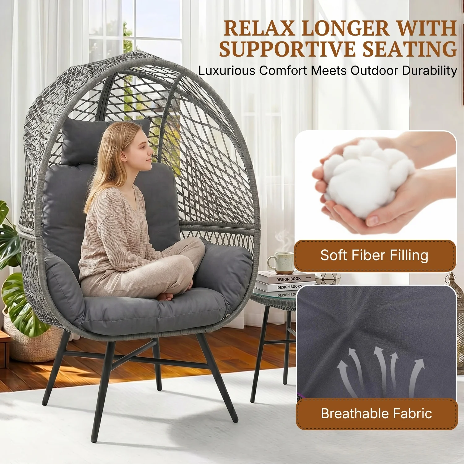 Outdoor Wicker Egg Chair with Glass Top Side Table (Silver Grey & Dark Grey) - Image 4