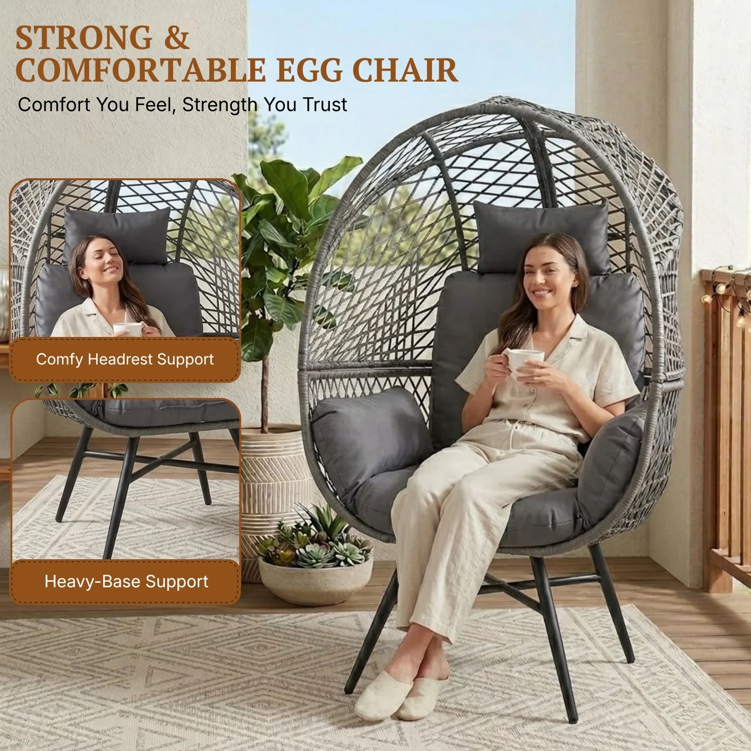 Outdoor Wicker Egg Chair with Glass Top Side Table (Silver Grey & Dark Grey) - Image 5