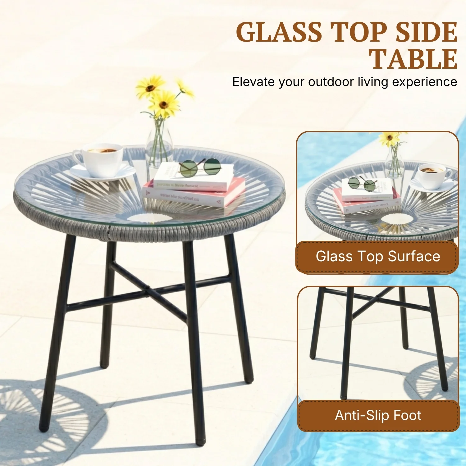 Outdoor Wicker Egg Chair with Glass Top Side Table (Silver Grey & Dark Grey) - Image 6