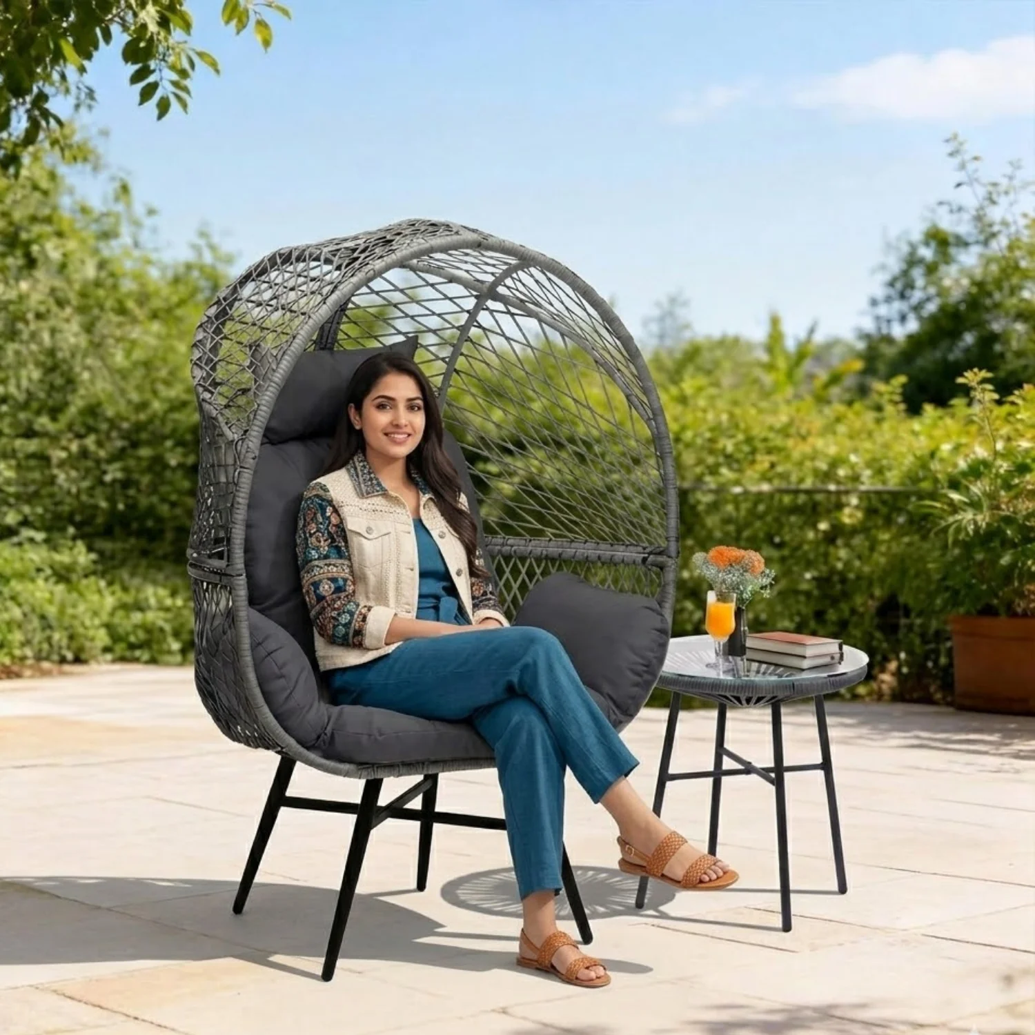 Outdoor Wicker Egg Chair with Glass Top Side Table (Silver Grey & Dark Grey) - Image 7