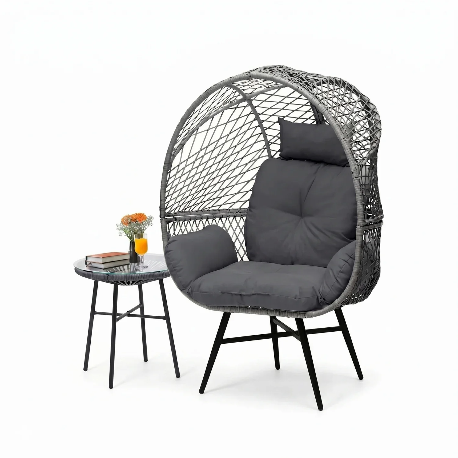 Outdoor Wicker Egg Chair with Glass Top Side Table (Silver Grey & Dark Grey) - Image 8