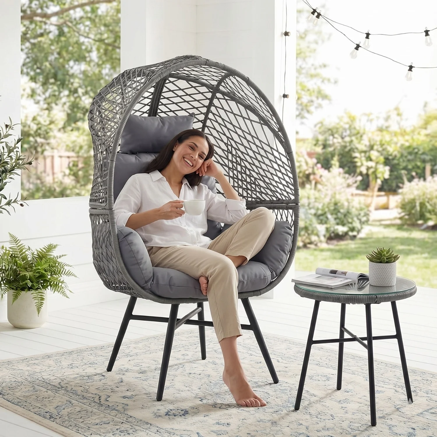 Outdoor Wicker Egg Chair with Glass Top Side Table (Silver Grey & Dark Grey) - Image 9