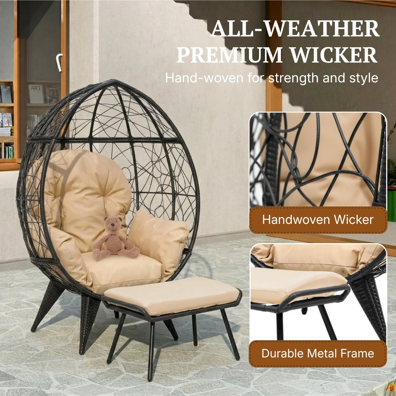Outdoor Wicker Egg Chair with Ottoman (Black & Beige) - Image 3