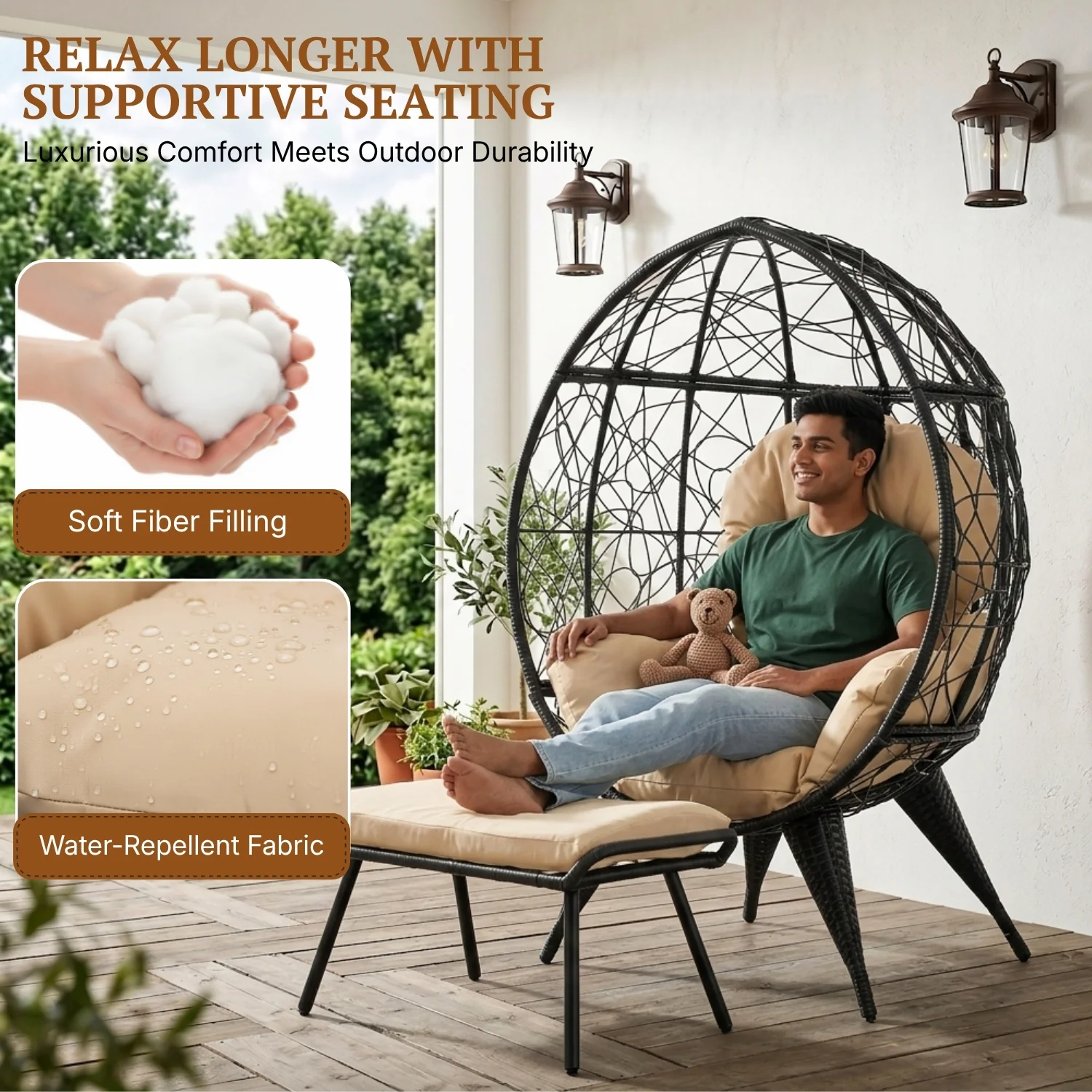 Outdoor Wicker Egg Chair with Ottoman (Black & Beige) - Image 4