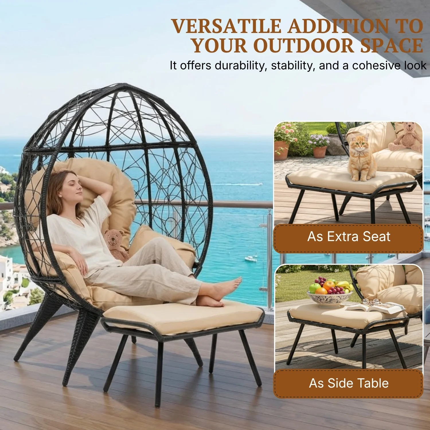 Outdoor Wicker Egg Chair with Ottoman (Black & Beige) - Image 5
