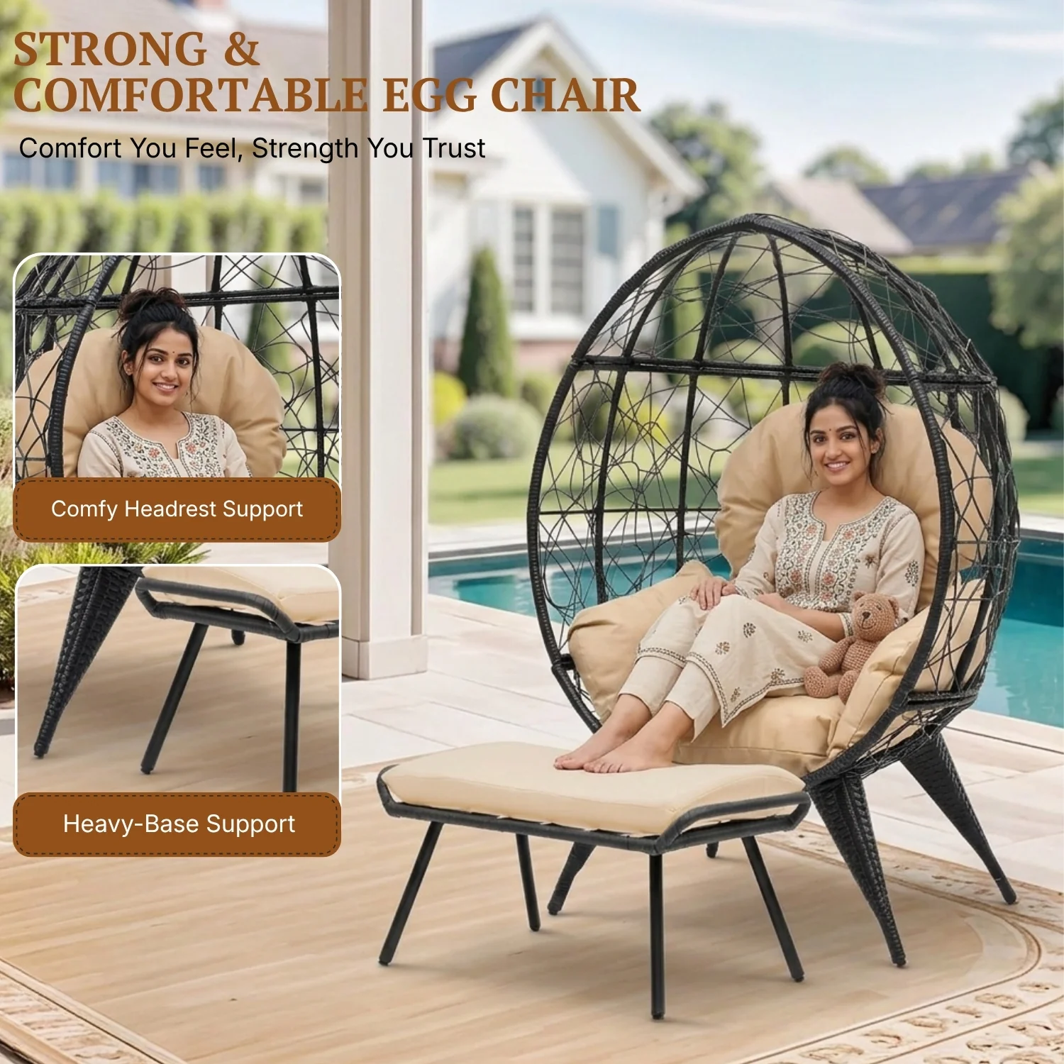 Outdoor Wicker Egg Chair with Ottoman (Black & Beige) - Image 6