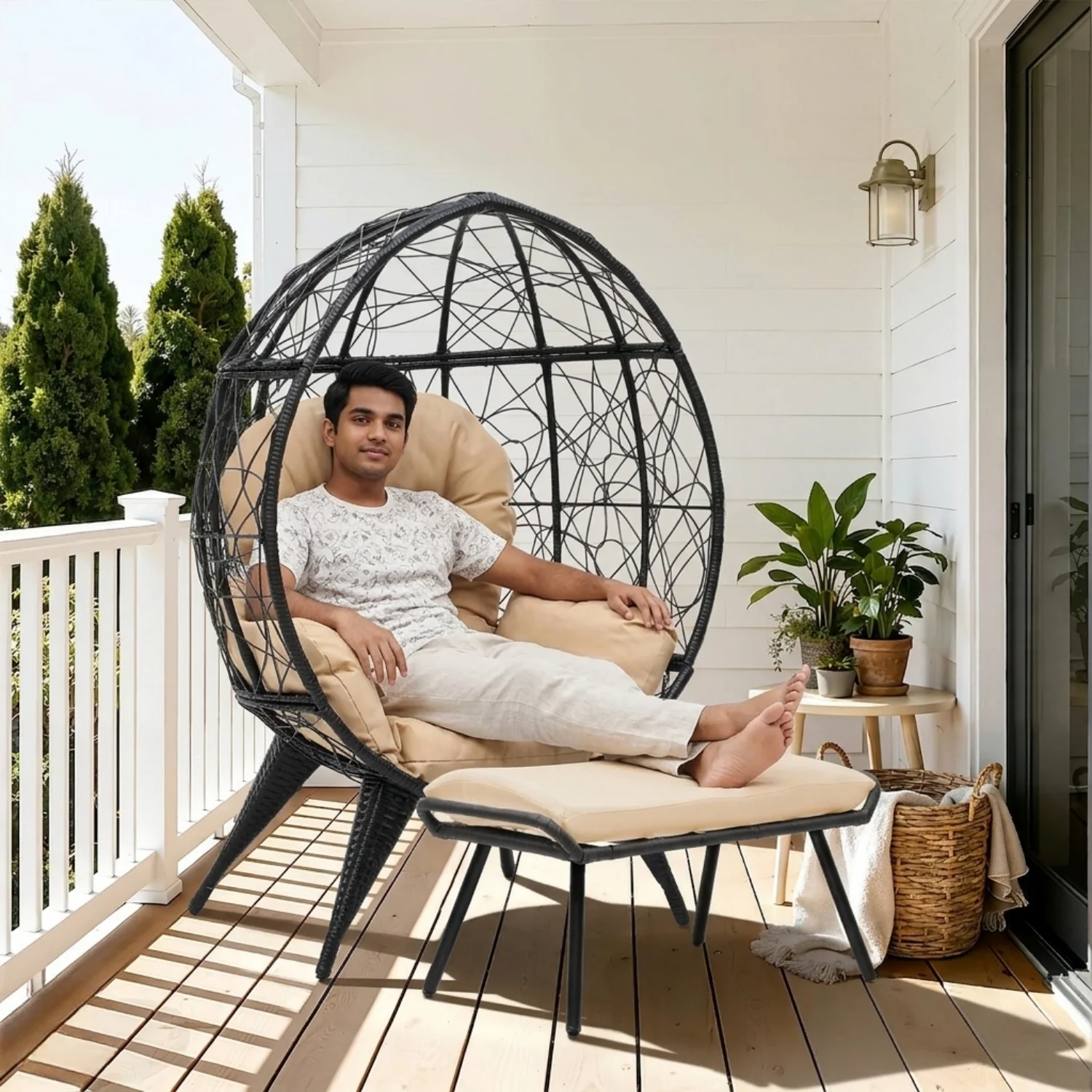 Outdoor Wicker Egg Chair with Ottoman (Black & Beige) - Image 9