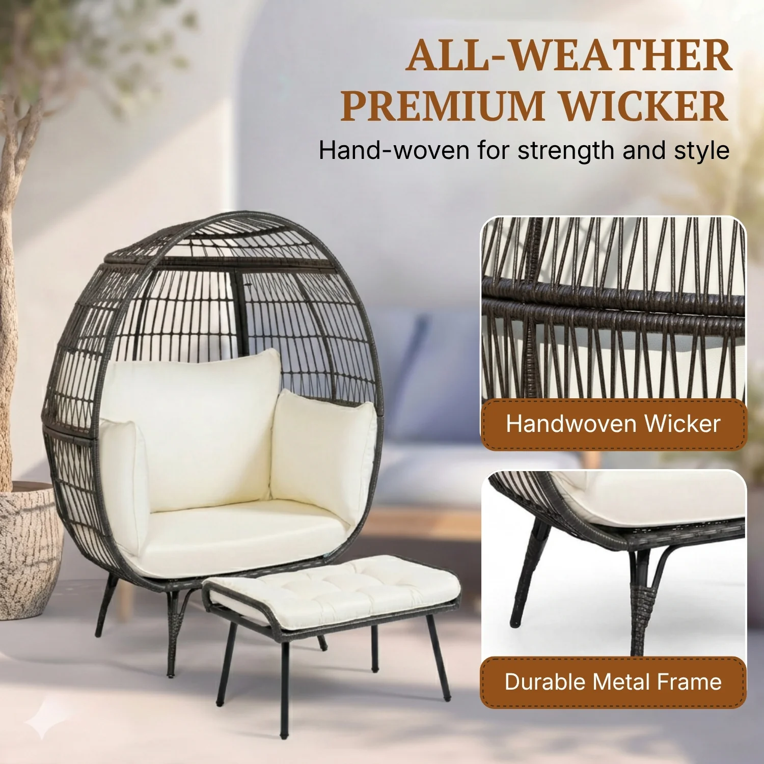 Outdoor Wicker Egg Chair with Ottoman (Black & Off-White) - Image 3
