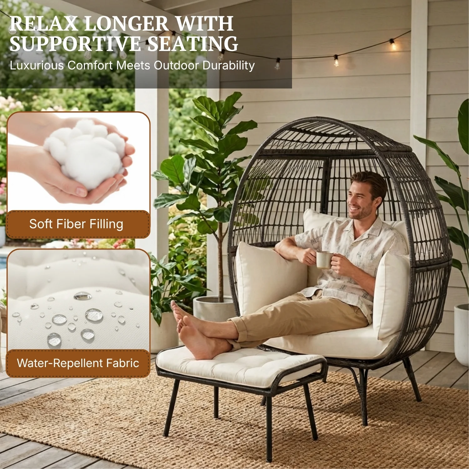 Outdoor Wicker Egg Chair with Ottoman (Black & Off-White) - Image 4