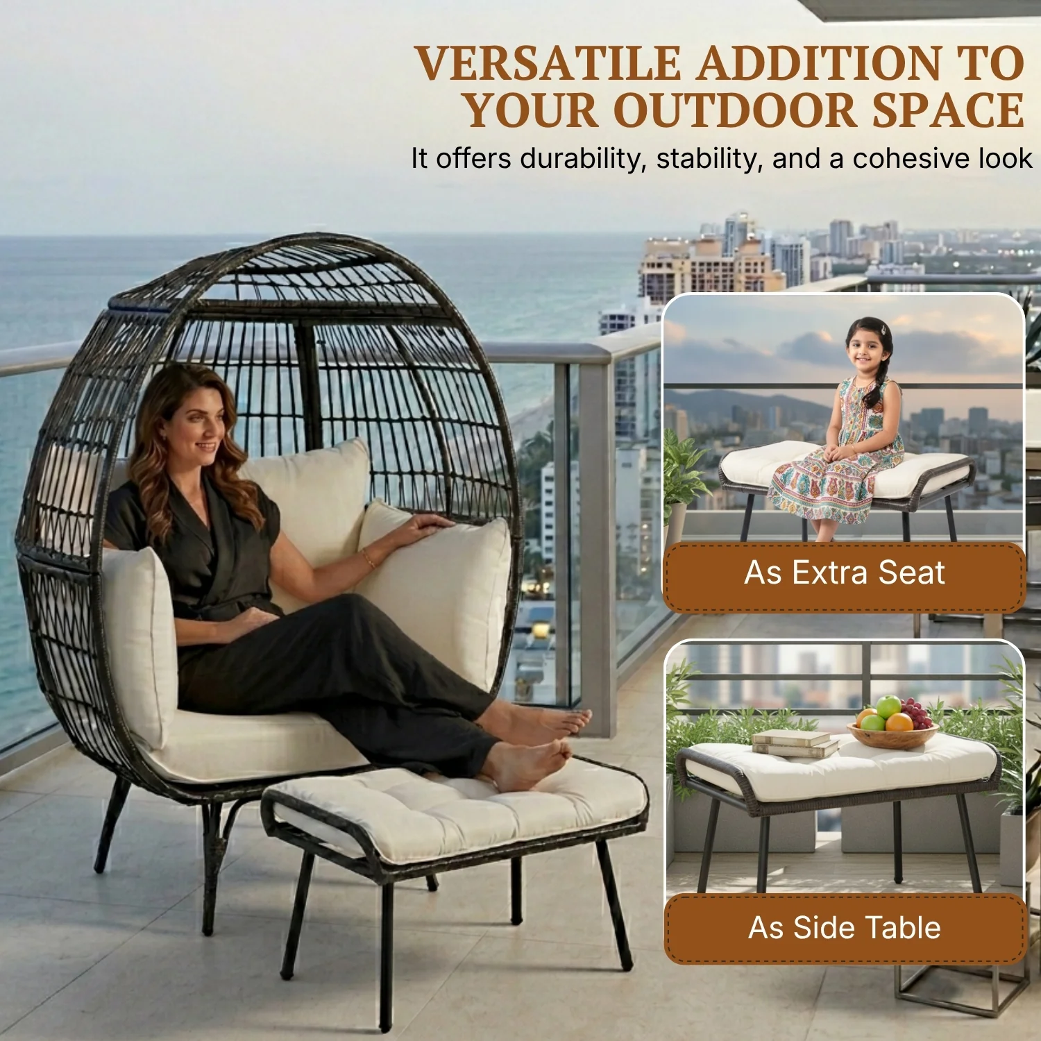 Outdoor Wicker Egg Chair with Ottoman (Black & Off-White) - Image 5