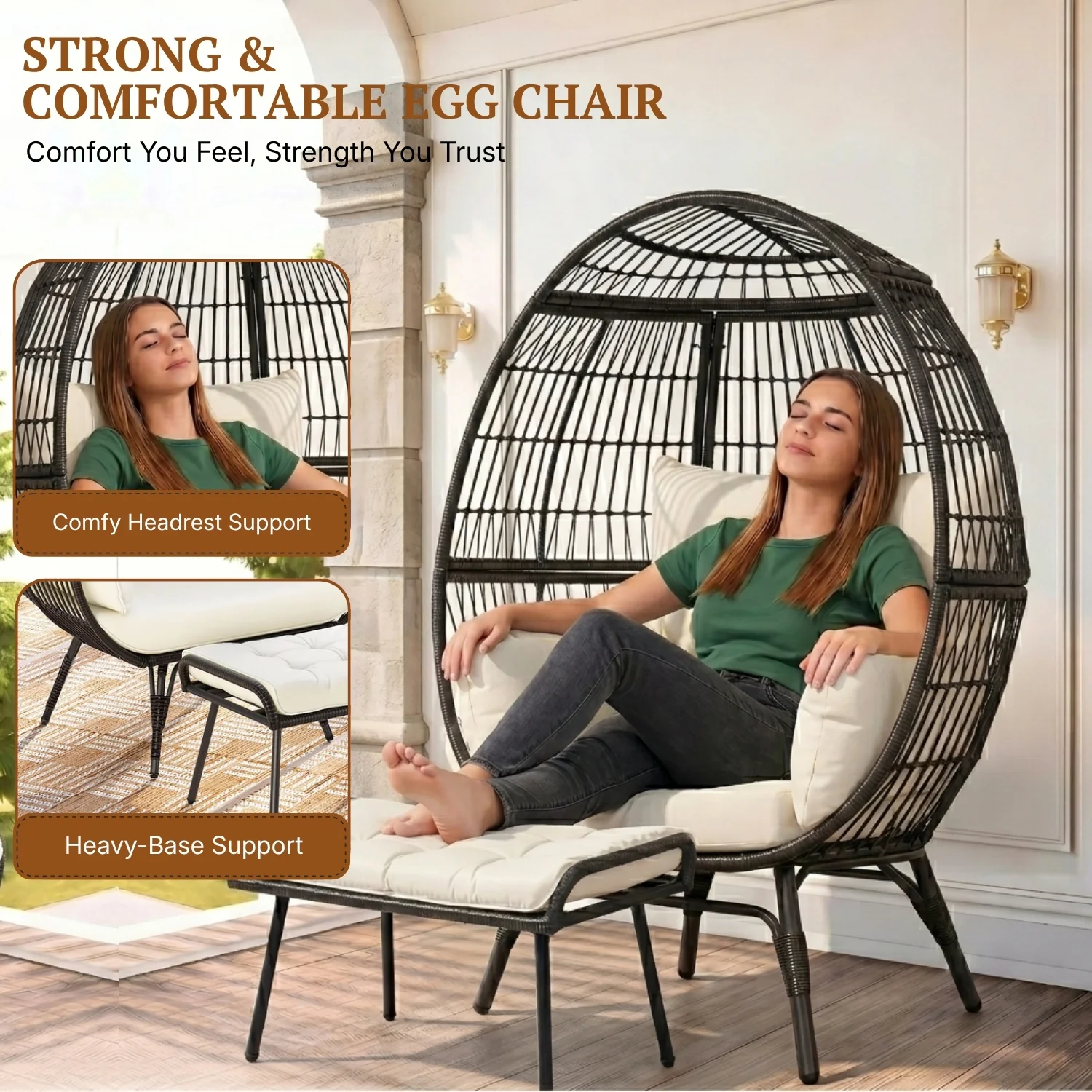Outdoor Wicker Egg Chair with Ottoman (Black & Off-White) - Image 6