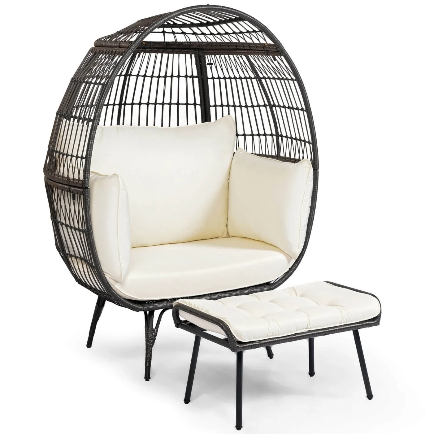 Outdoor Wicker Egg Chair with Ottoman (Black & Off-White) - Image 7