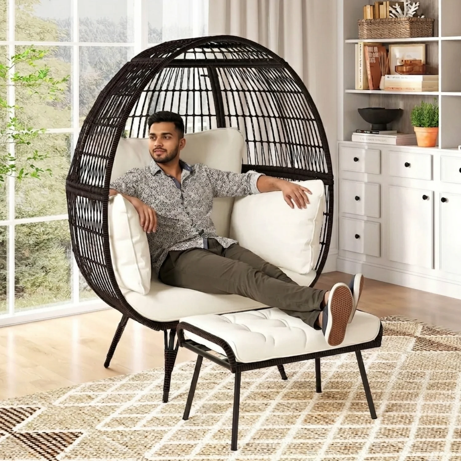 Outdoor Wicker Egg Chair with Ottoman (Black & Off-White) - Image 8