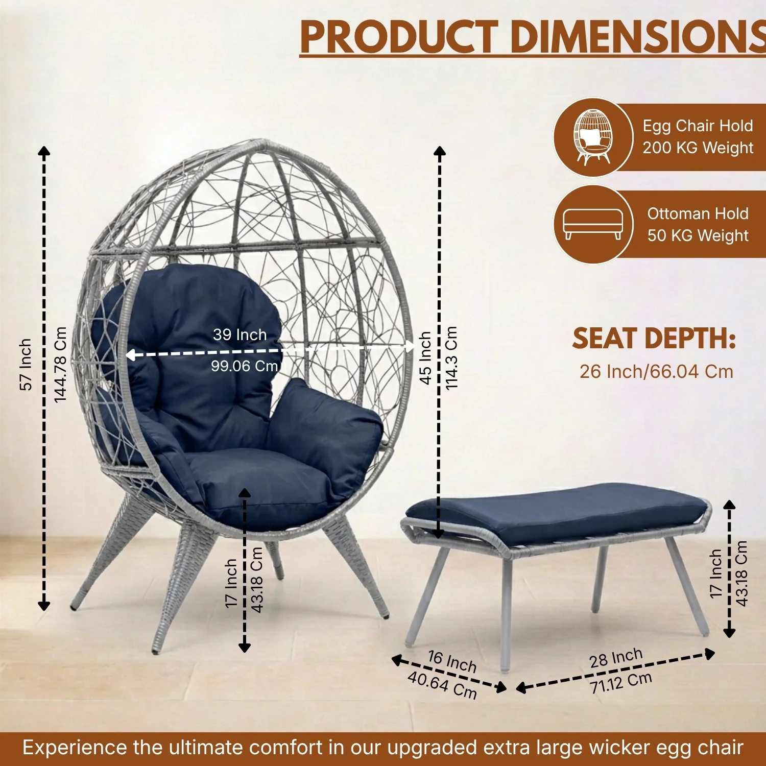 Outdoor Wicker Egg Chair with Ottoman (Silver Grey & Navy-Blue) - Image 2