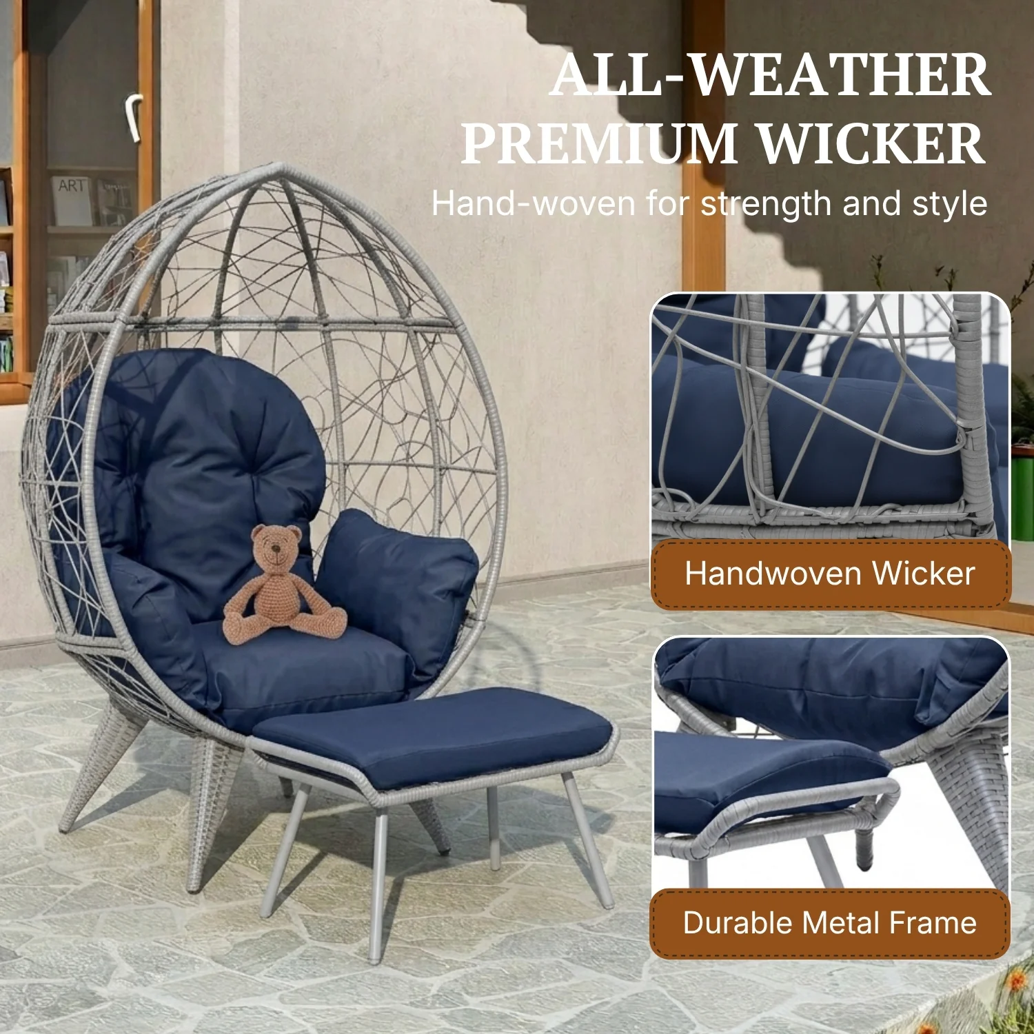 Outdoor Wicker Egg Chair with Ottoman (Silver Grey & Navy-Blue) - Image 3
