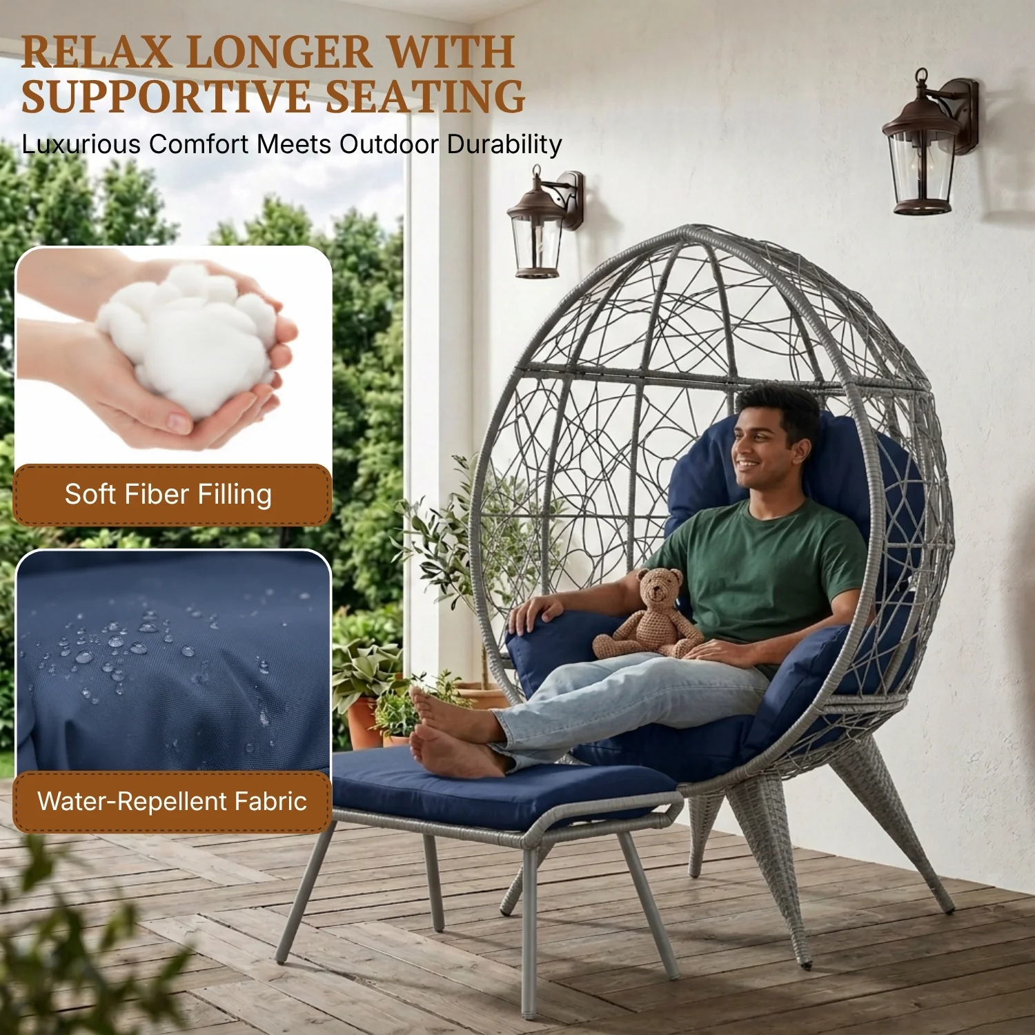 Outdoor Wicker Egg Chair with Ottoman (Silver Grey & Navy-Blue) - Image 4