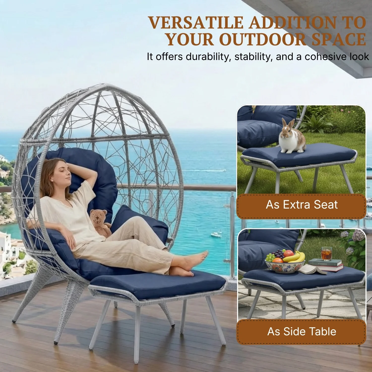 Outdoor Wicker Egg Chair with Ottoman (Silver Grey & Navy-Blue) - Image 5