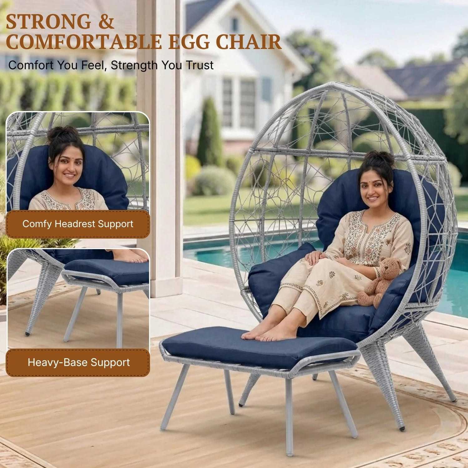 Outdoor Wicker Egg Chair with Ottoman (Silver Grey & Navy-Blue) - Image 6