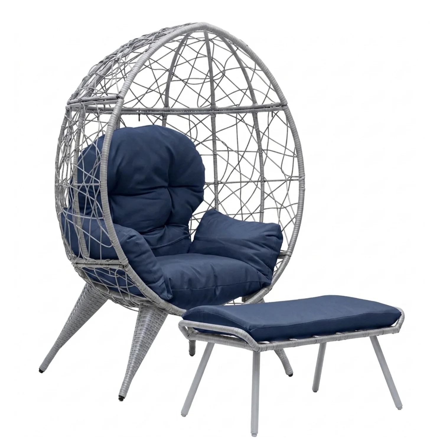 Outdoor Wicker Egg Chair with Ottoman (Silver Grey & Navy-Blue) - Image 8