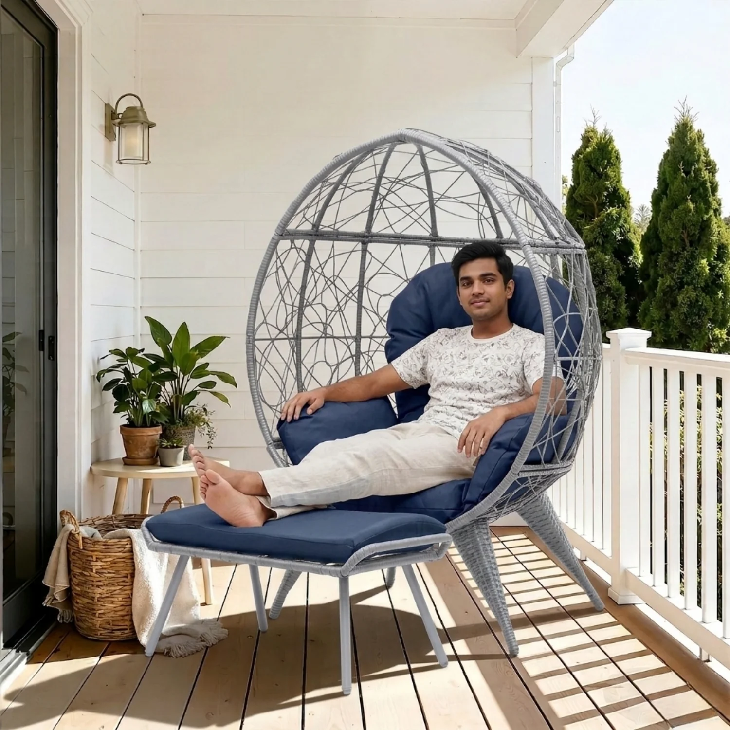 Outdoor Wicker Egg Chair with Ottoman (Silver Grey & Navy-Blue) - Image 9