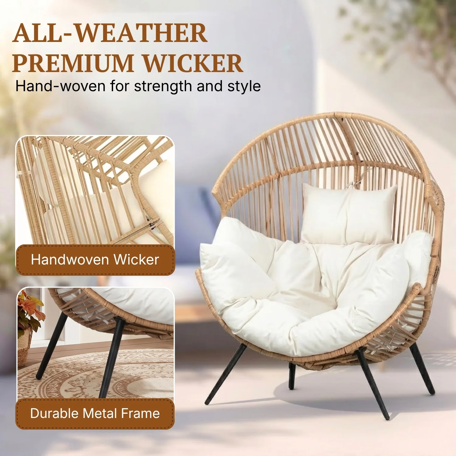Outdoor Wicker Egg Chair with Plush Cushions (Beige & Off-White) - Image 3