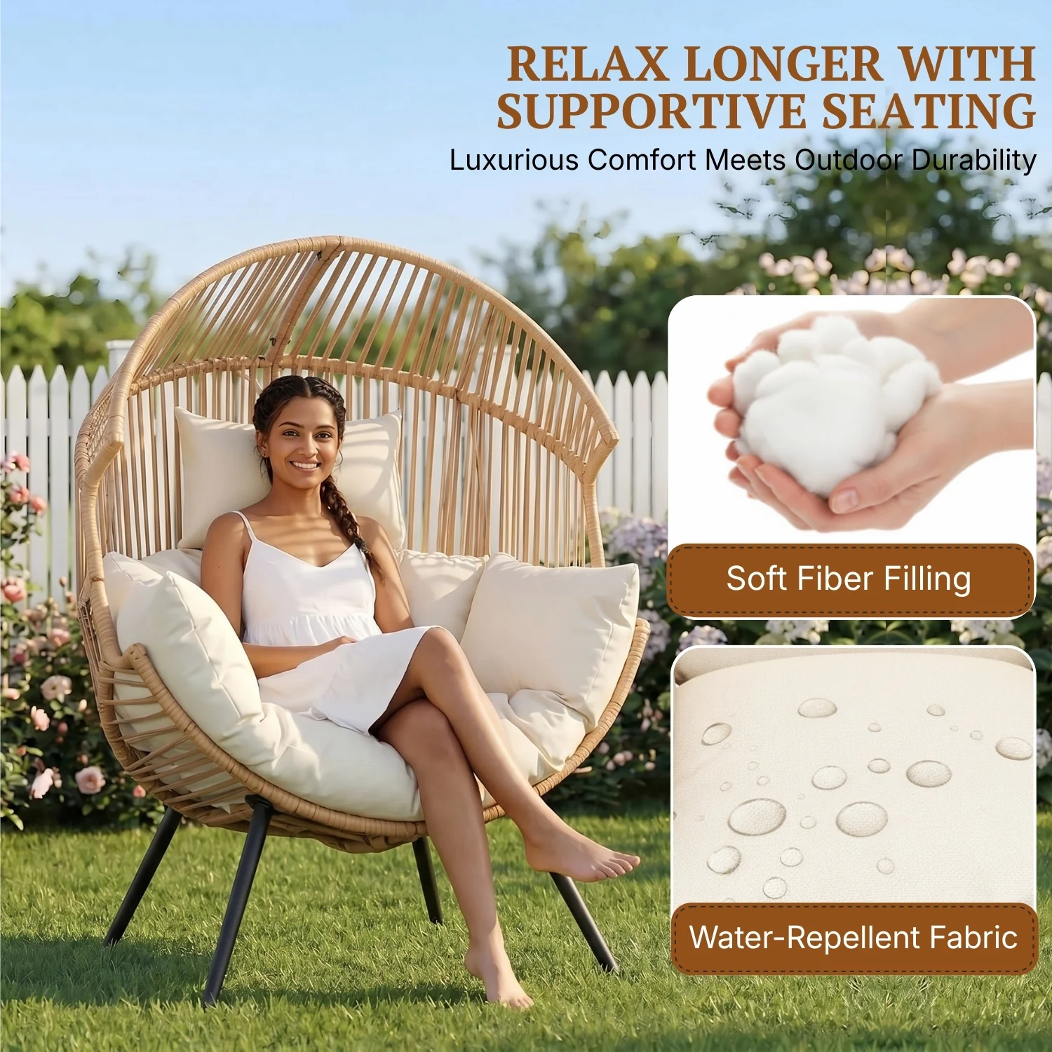 Outdoor Wicker Egg Chair with Plush Cushions (Beige & Off-White) - Image 4