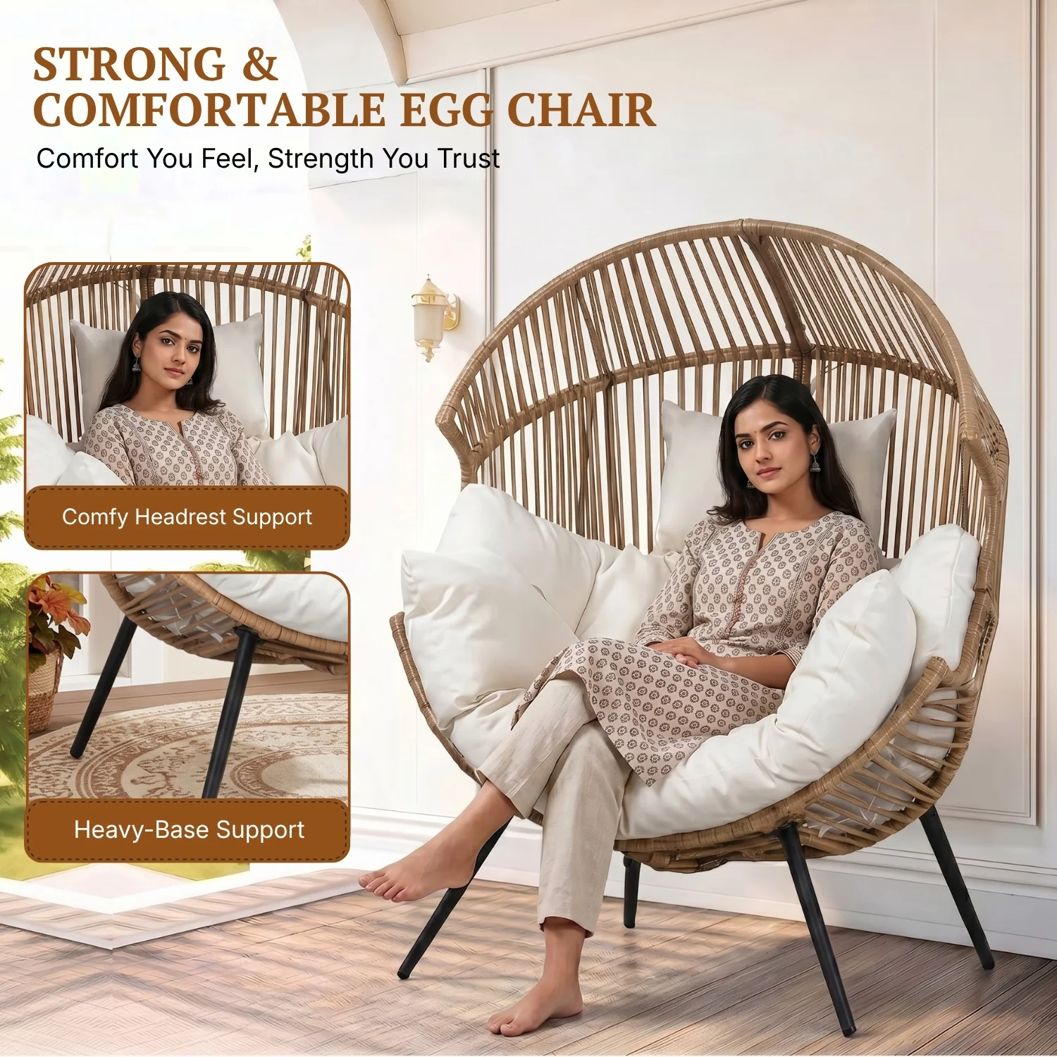 Outdoor Wicker Egg Chair with Plush Cushions (Beige & Off-White) - Image 5