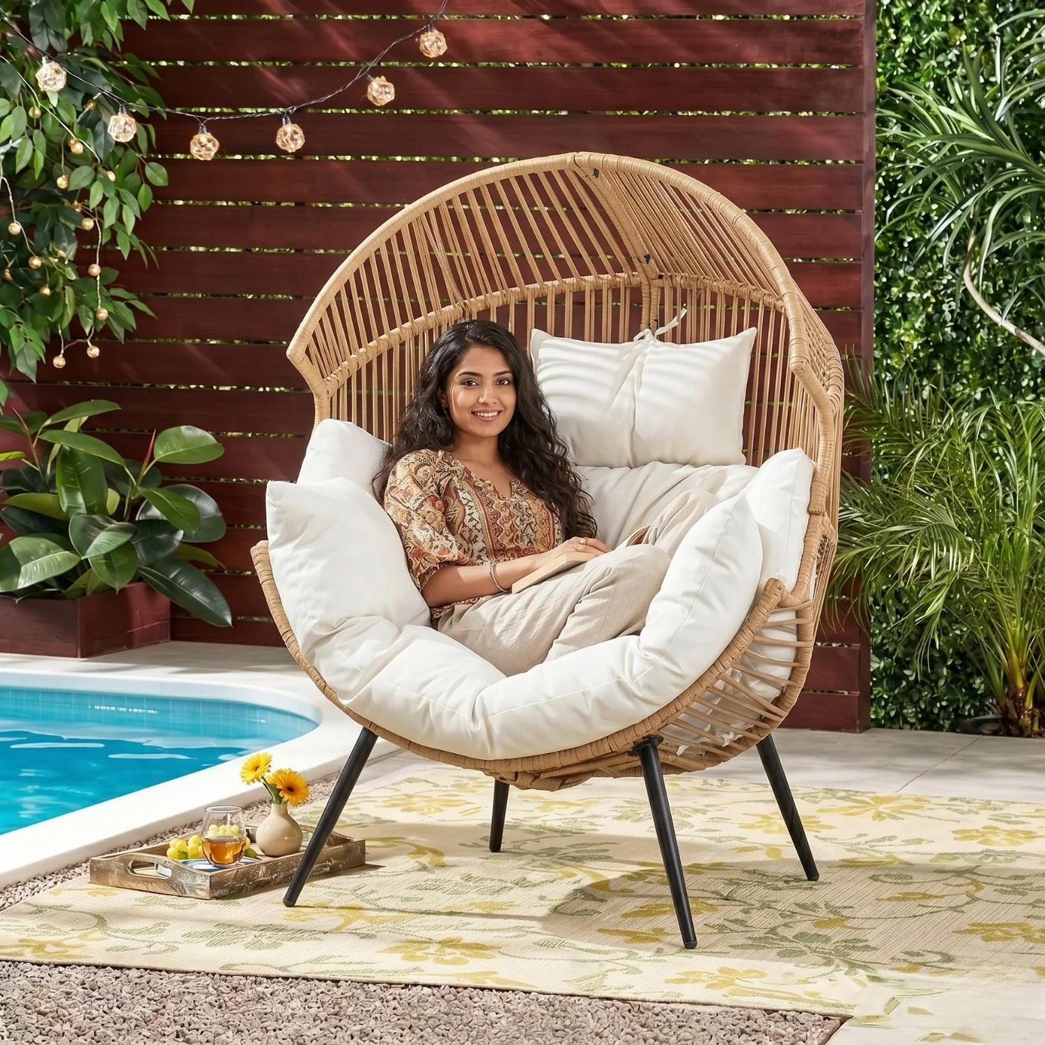 Outdoor Wicker Egg Chair with Plush Cushions (Beige & Off-White) - Image 7