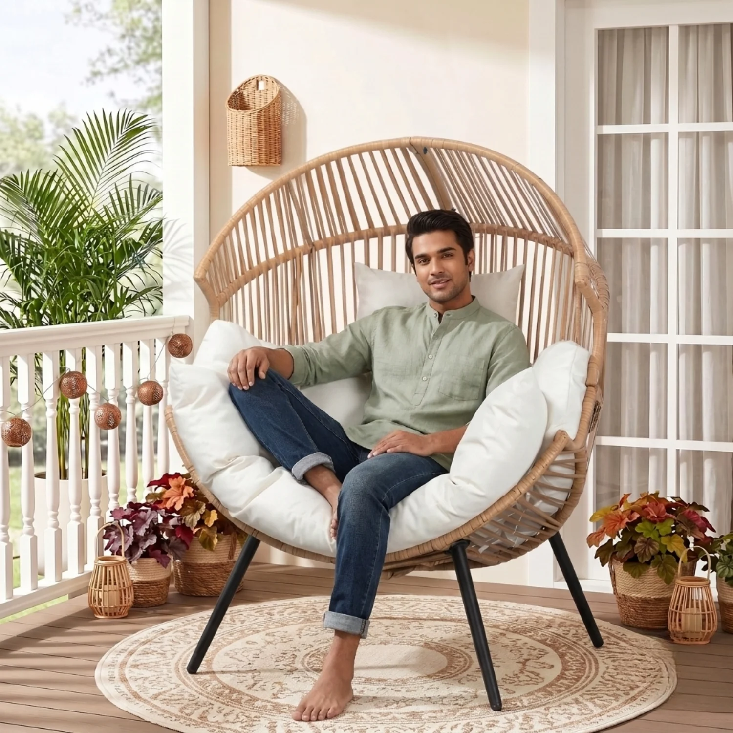 Outdoor Wicker Egg Chair with Plush Cushions (Beige & Off-White) - Image 8