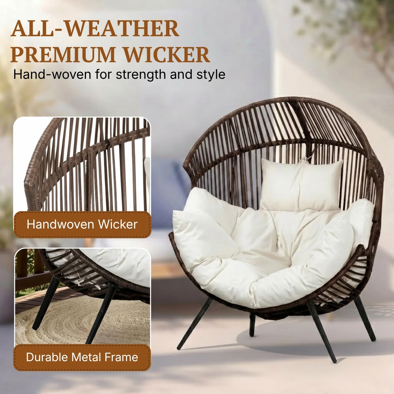 Outdoor Wicker Egg Chair with Plush Cushions (Dark Brown& Off-White) - Image 3