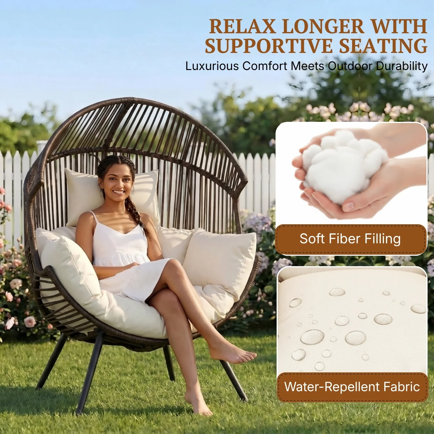 Outdoor Wicker Egg Chair with Plush Cushions (Dark Brown& Off-White) - Image 4