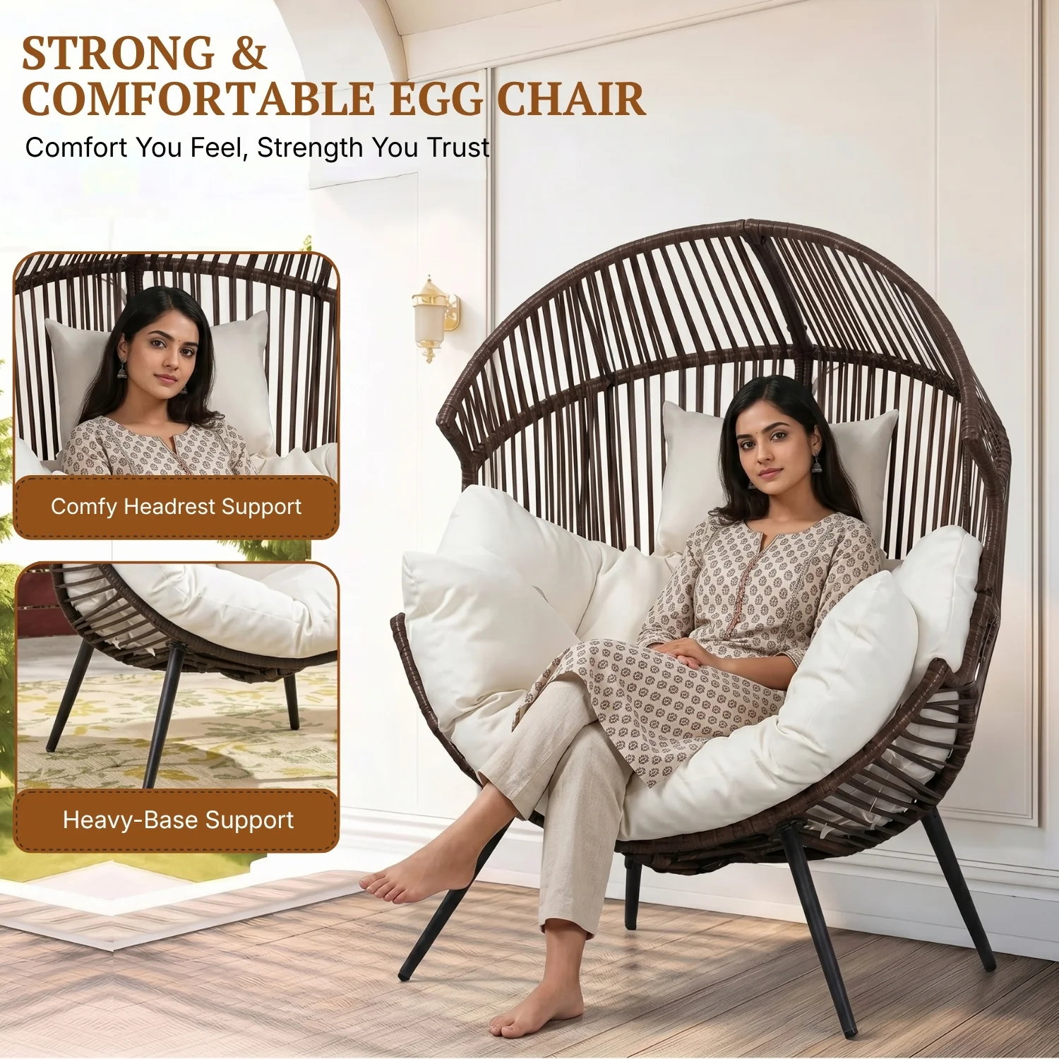 Outdoor Wicker Egg Chair with Plush Cushions (Dark Brown& Off-White) - Image 5