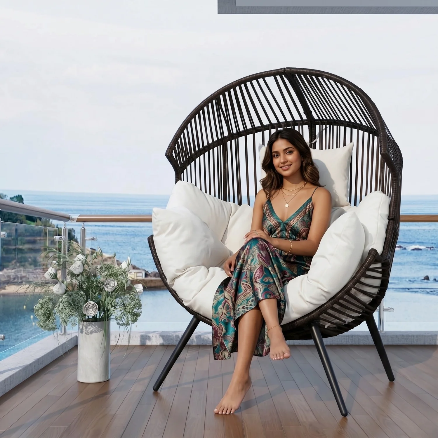 Outdoor Wicker Egg Chair with Plush Cushions (Dark Brown& Off-White) - Image 7