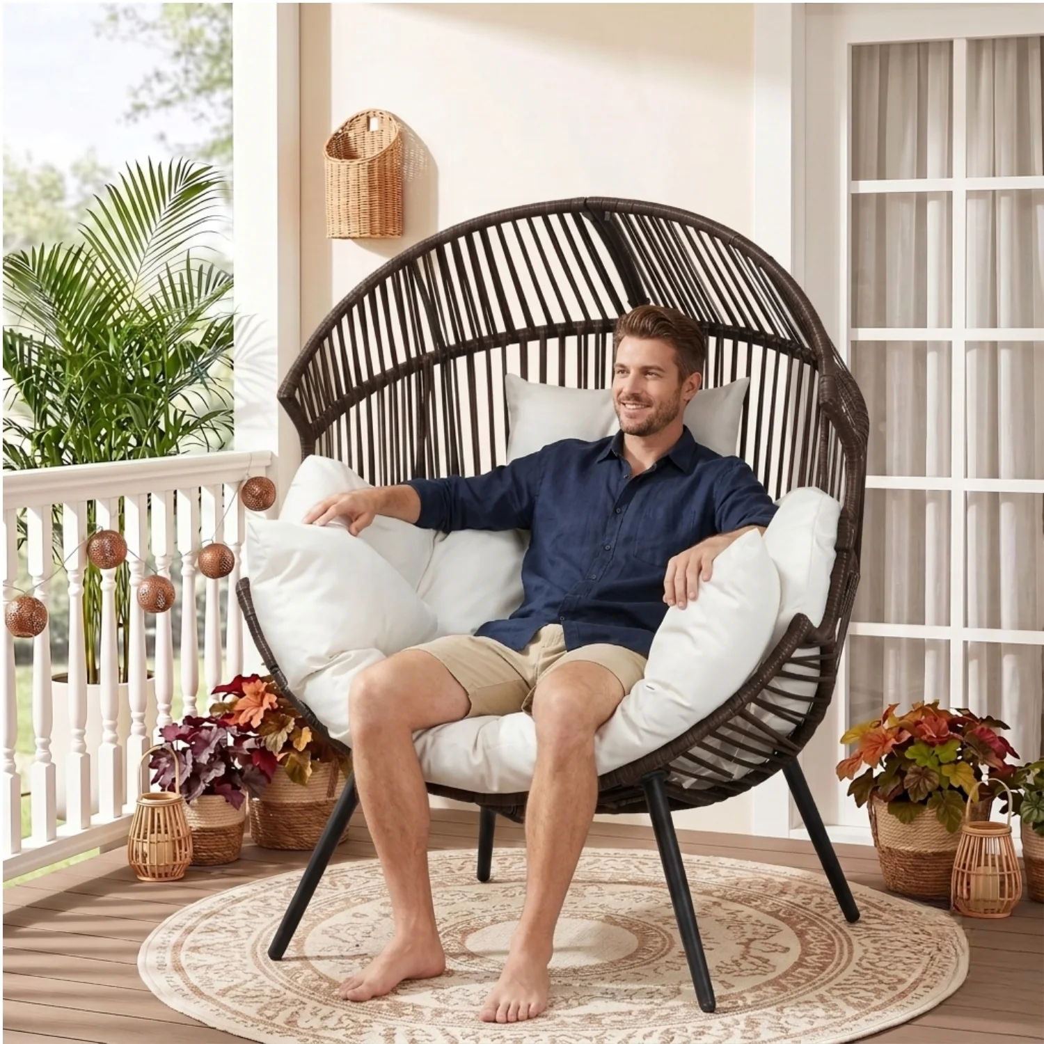 Outdoor Wicker Egg Chair with Plush Cushions (Dark Brown& Off-White) - Image 8