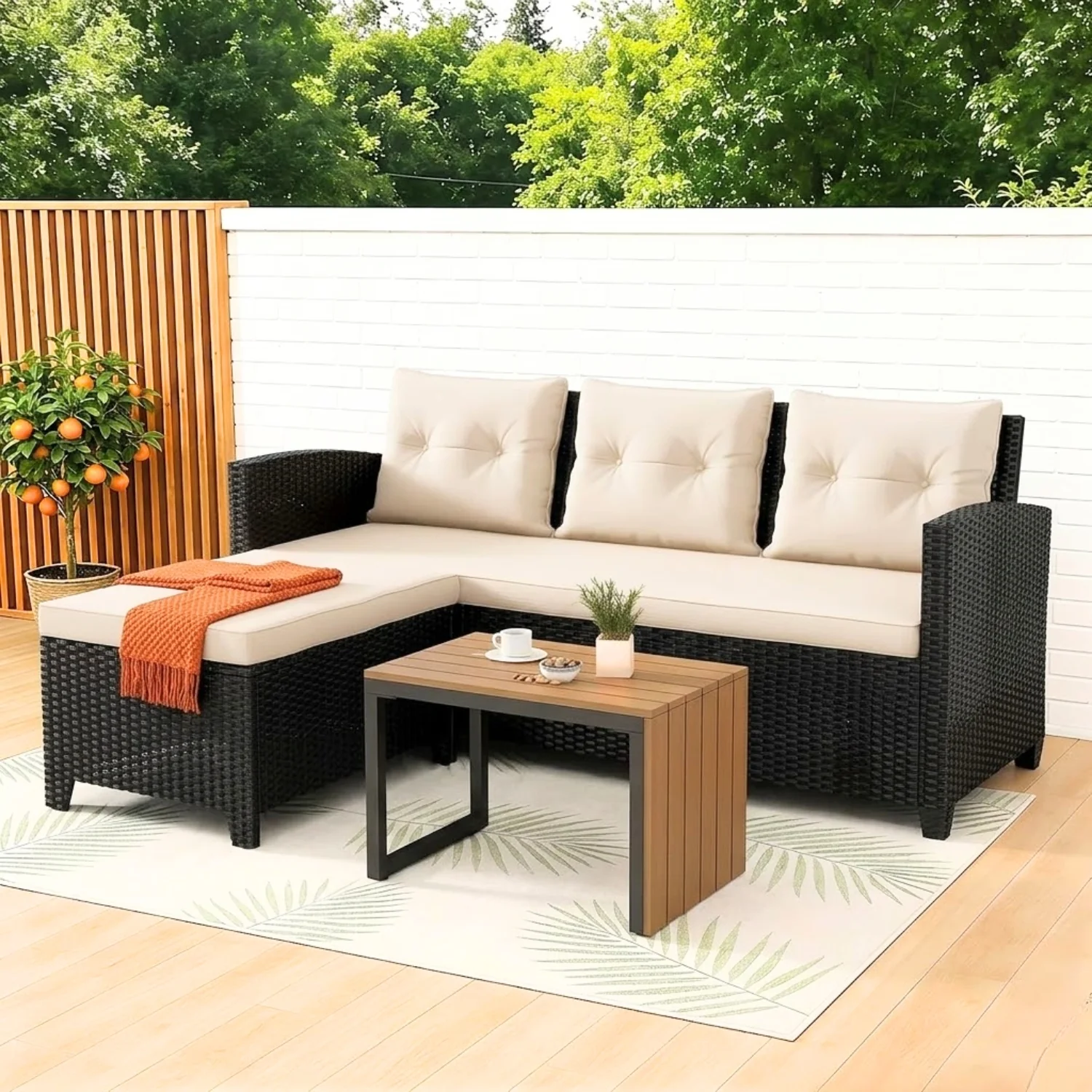 Outdoor Wicker L-Shape Sofa Set with Ottoman & Convertible Wooden Coffee Table