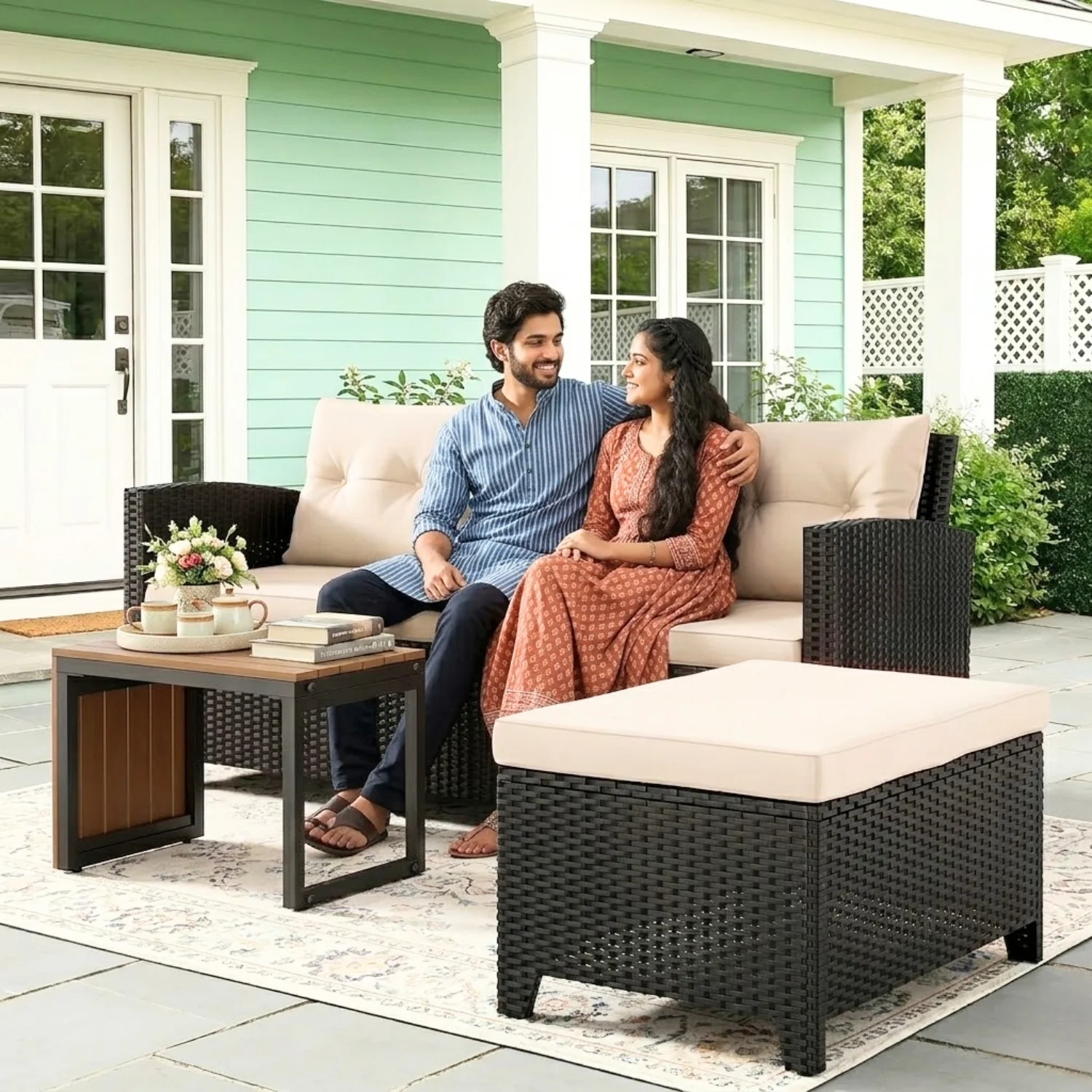 Outdoor Wicker L-Shape Sofa Set with Ottoman & Convertible Wooden Coffee Table - Image 10