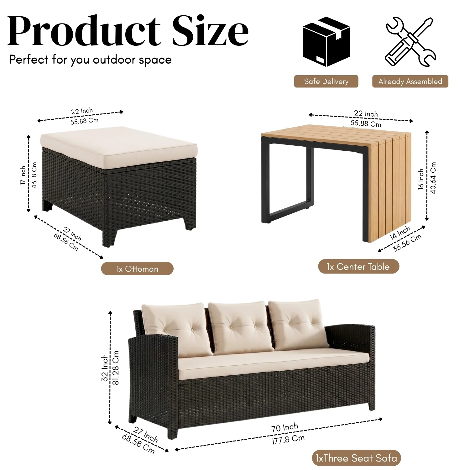 Outdoor Wicker L-Shape Sofa Set with Ottoman & Convertible Wooden Coffee Table - Image 2