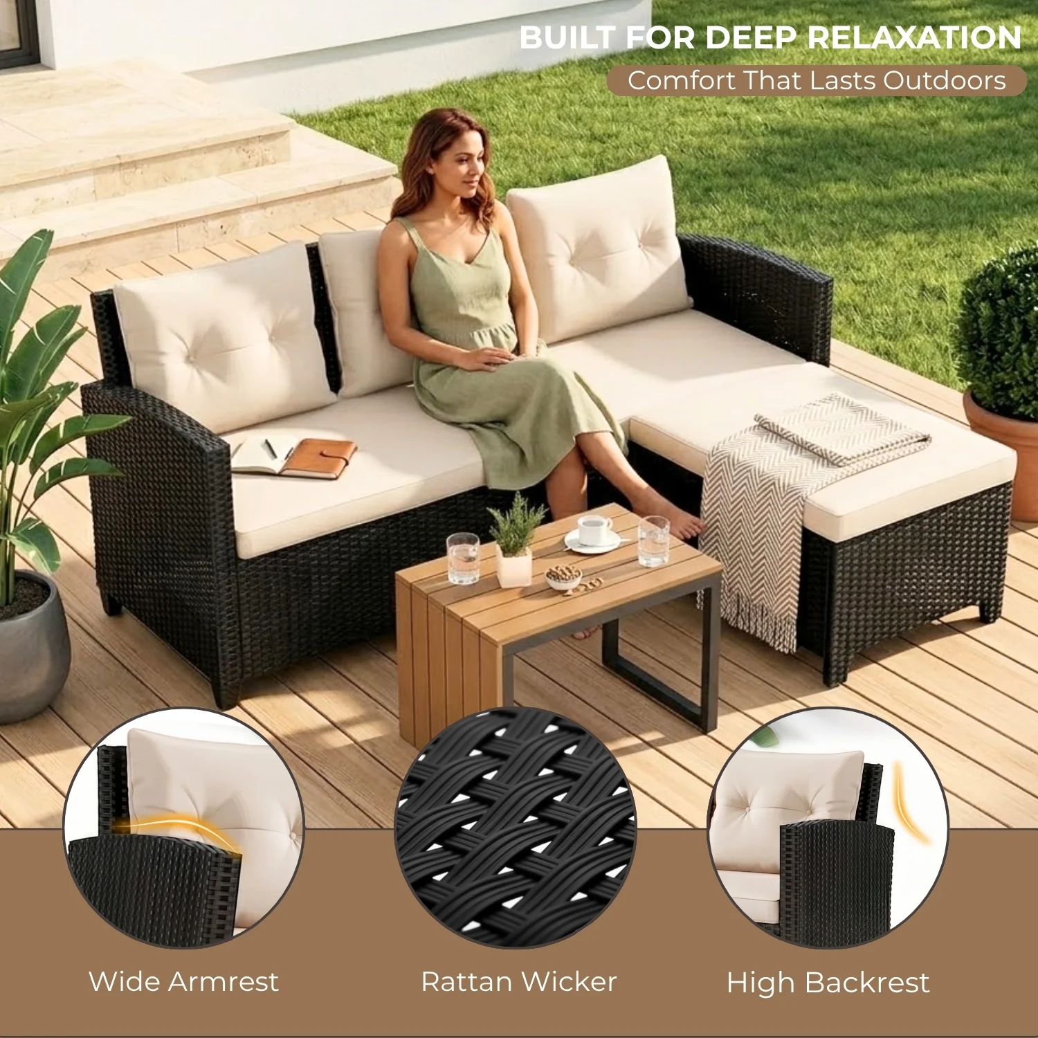 Outdoor Wicker L-Shape Sofa Set with Ottoman & Convertible Wooden Coffee Table - Image 3