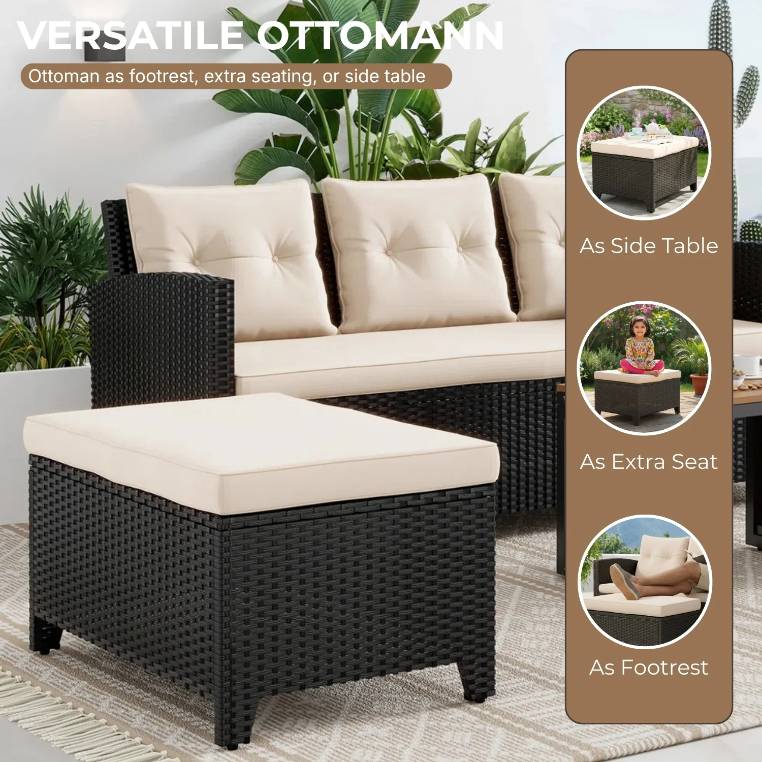 Outdoor Wicker L-Shape Sofa Set with Ottoman & Convertible Wooden Coffee Table - Image 4