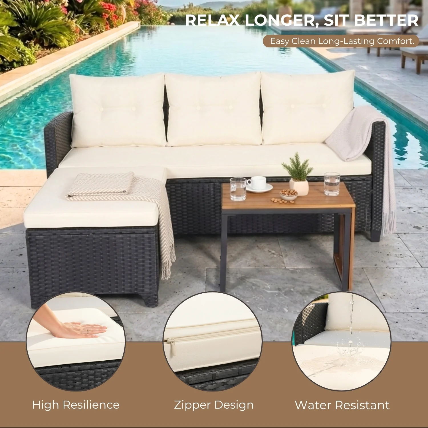 Outdoor Wicker L-Shape Sofa Set with Ottoman & Convertible Wooden Coffee Table - Image 6