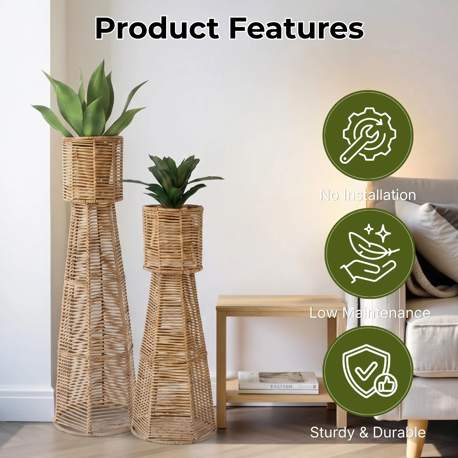 Outdoor Wicker Planter Stand Set of 2 (Beige) - Image 4