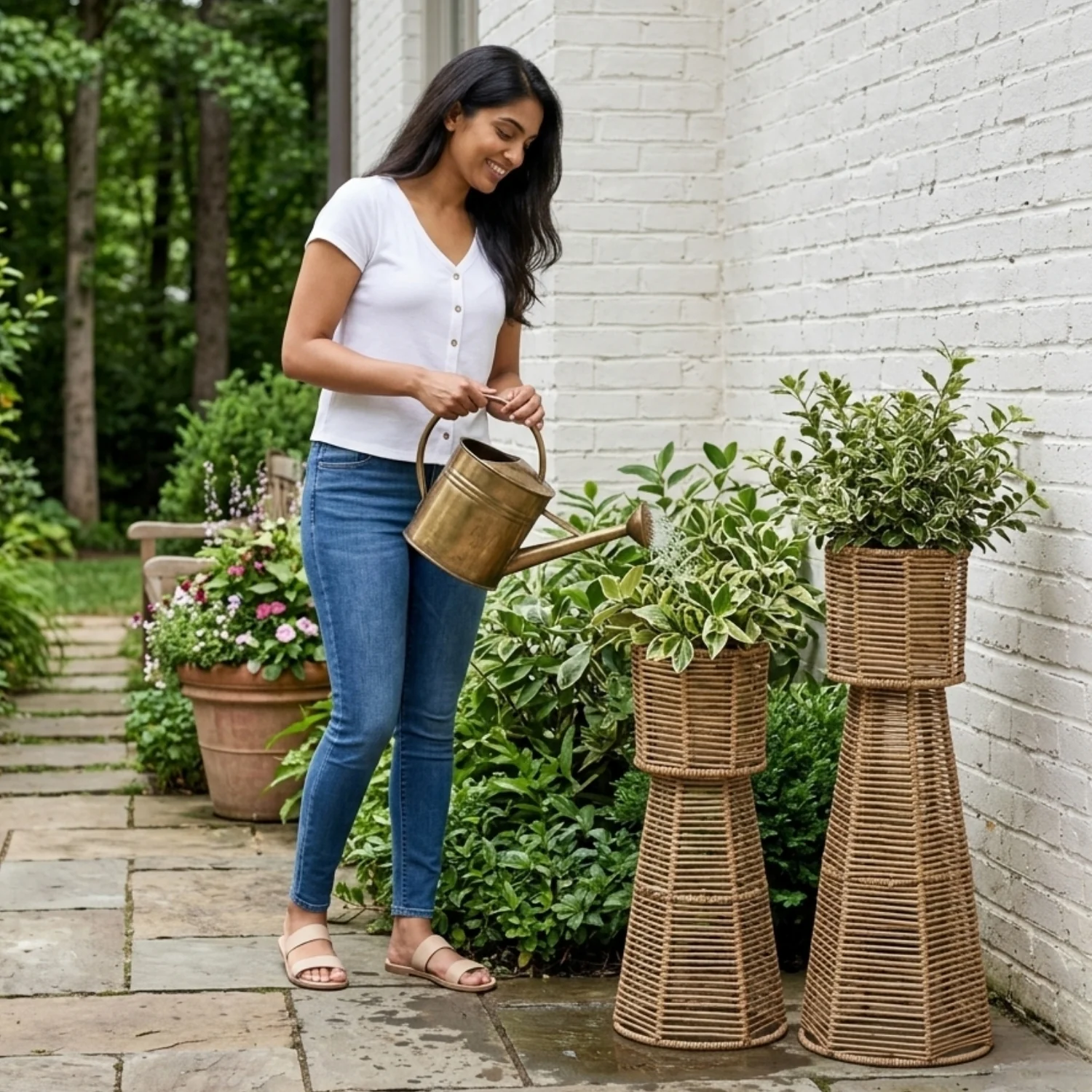 Outdoor Wicker Planter Stand Set of 2 (Beige) - Image 5
