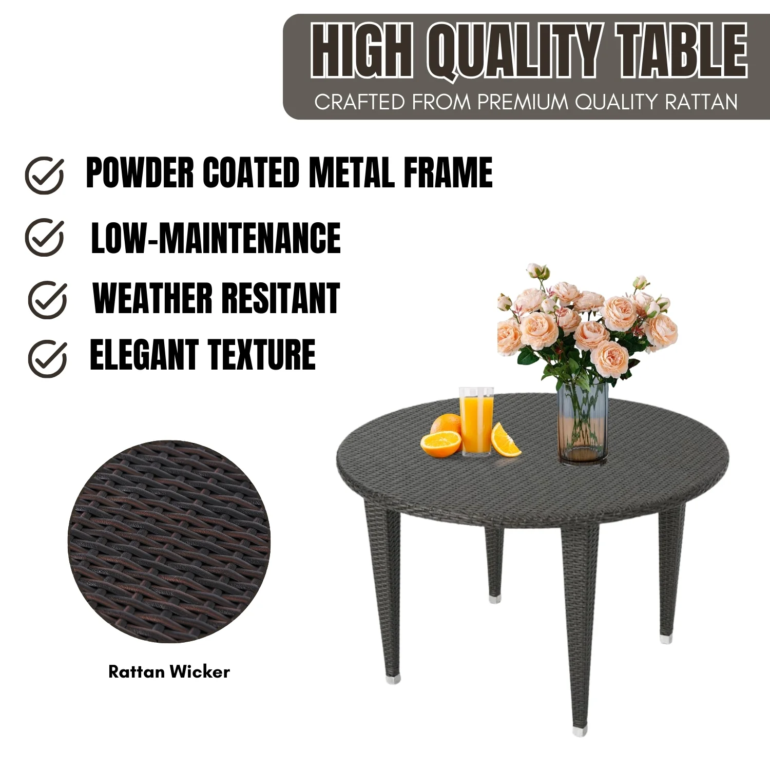 Outdoor Wicker Round Patio Dining Table (Dark Brown) - Image 5