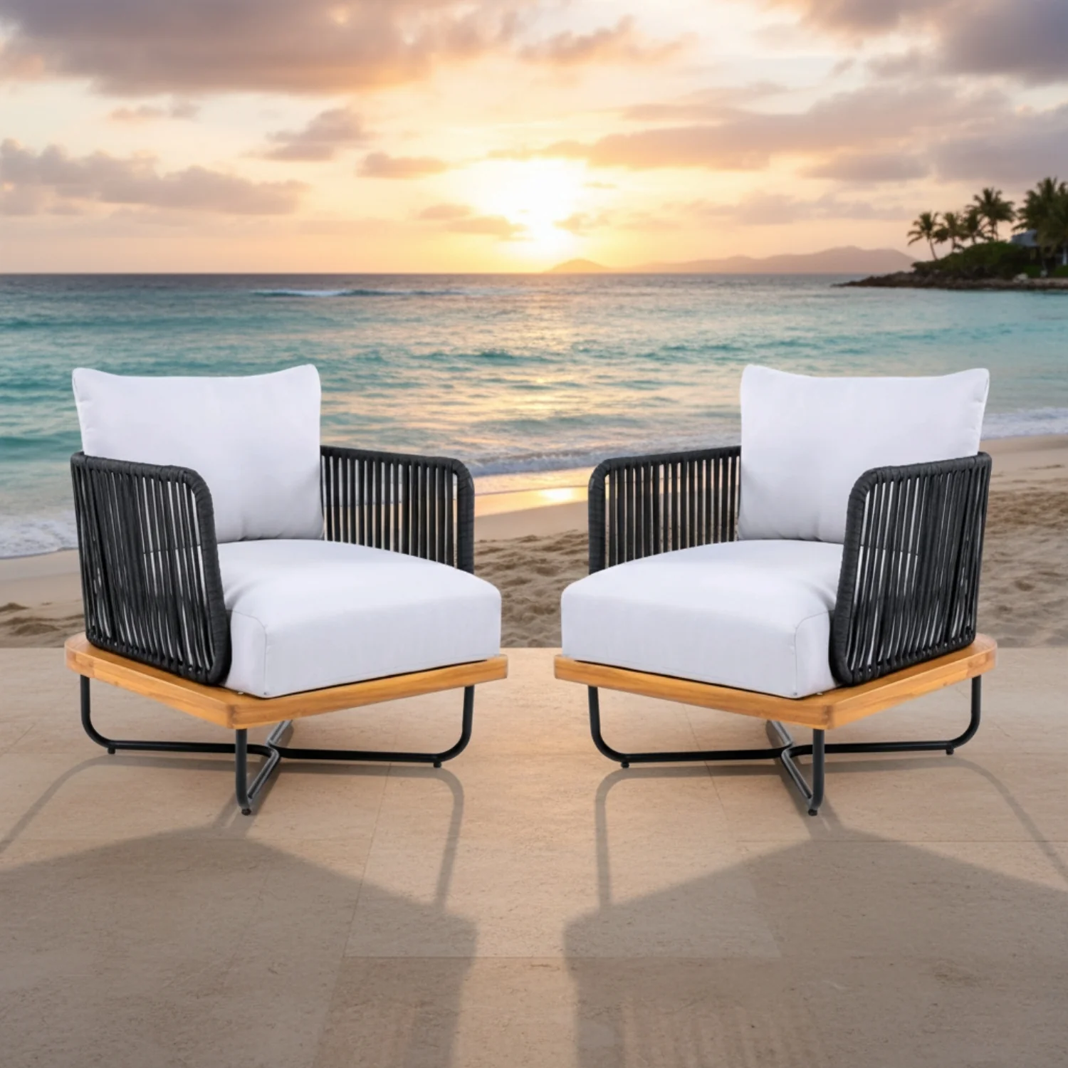 Premium All-Weather Outdoor Rope Sofa Chairs Set (Black & Off-White) - Image 10