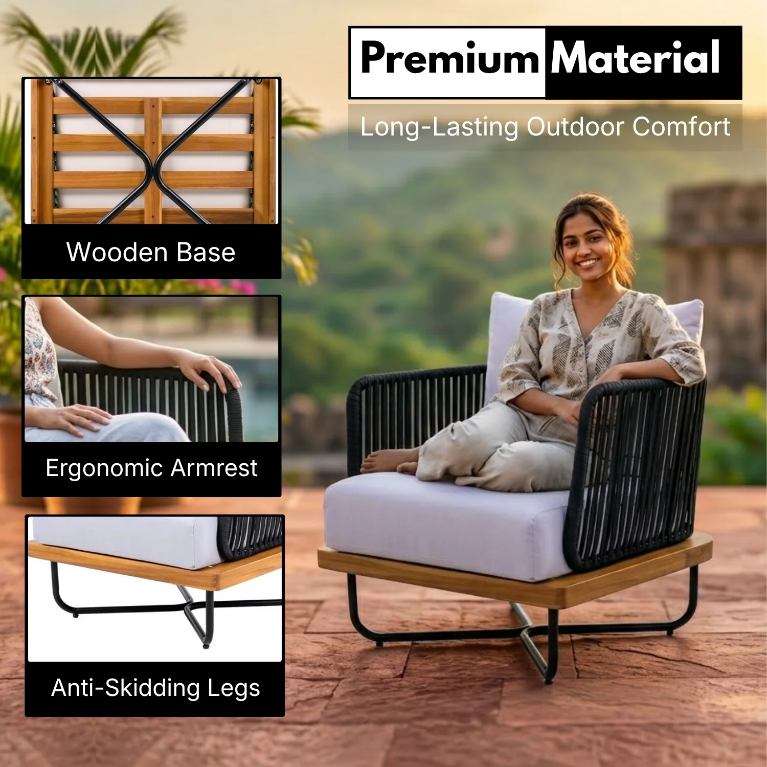 Premium All-Weather Outdoor Rope Sofa Chairs Set (Black & Off-White) - Image 5