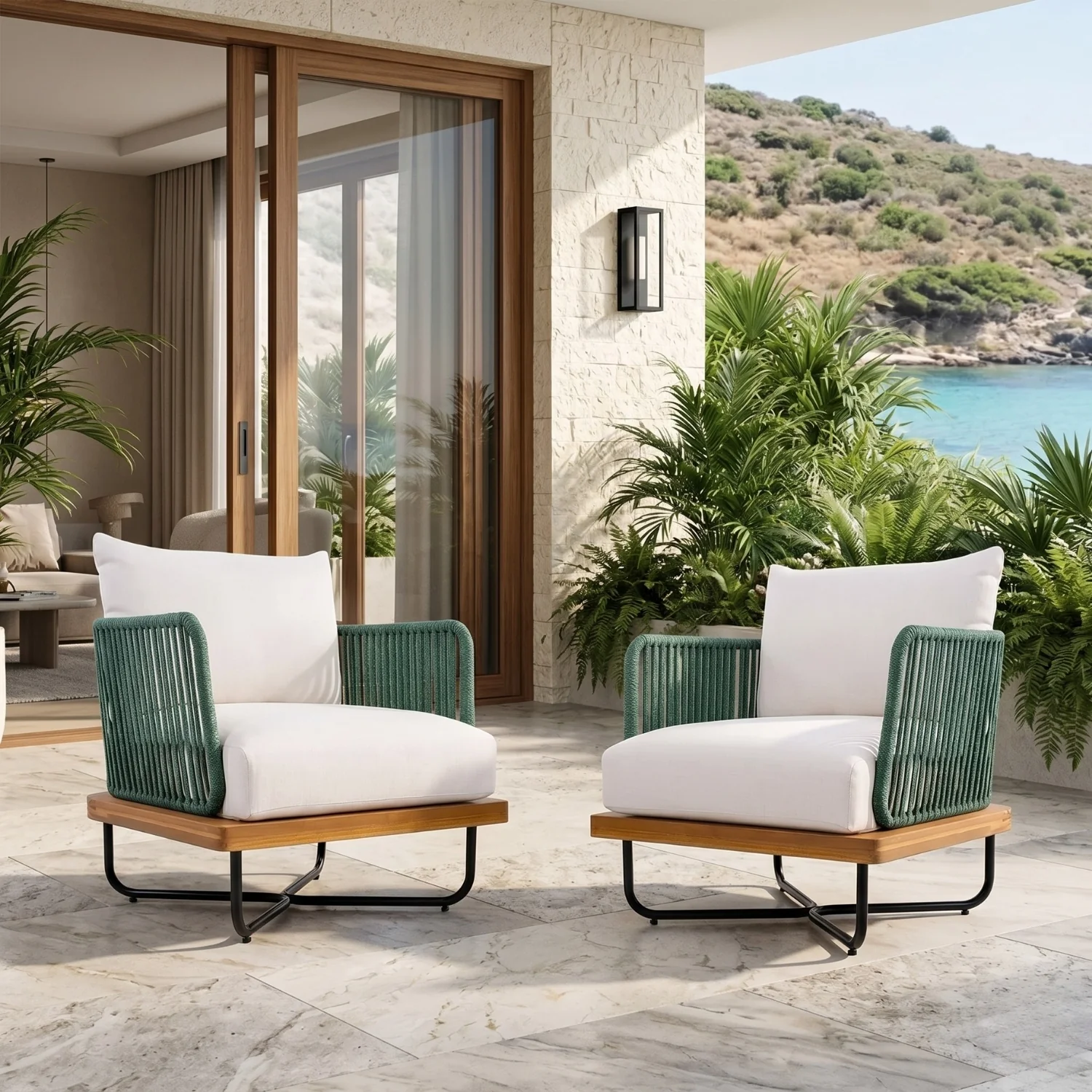 Premium All-Weather Outdoor Rope Sofa Chairs Set (Green & Off-White) - Image 10