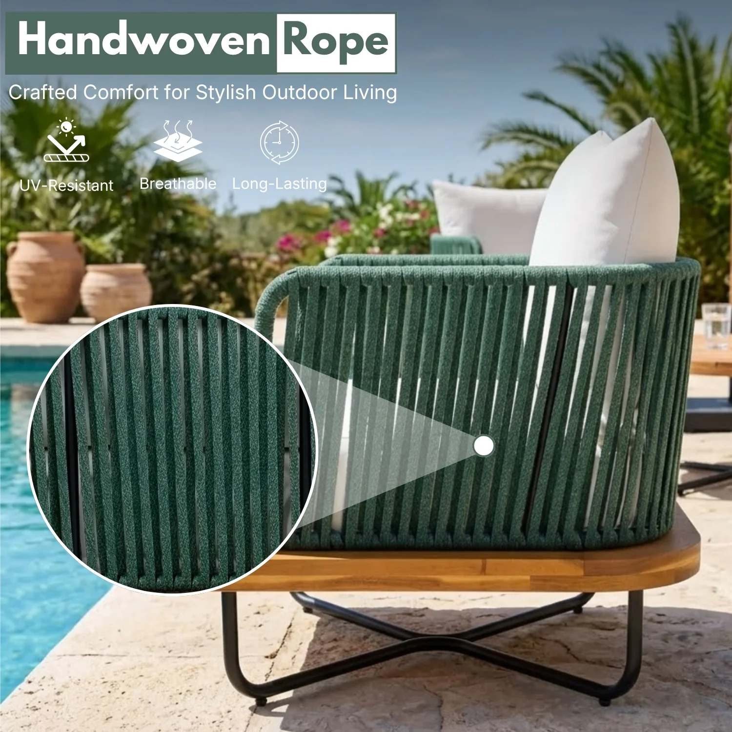 Premium All-Weather Outdoor Rope Sofa Chairs Set (Green & Off-White) - Image 3
