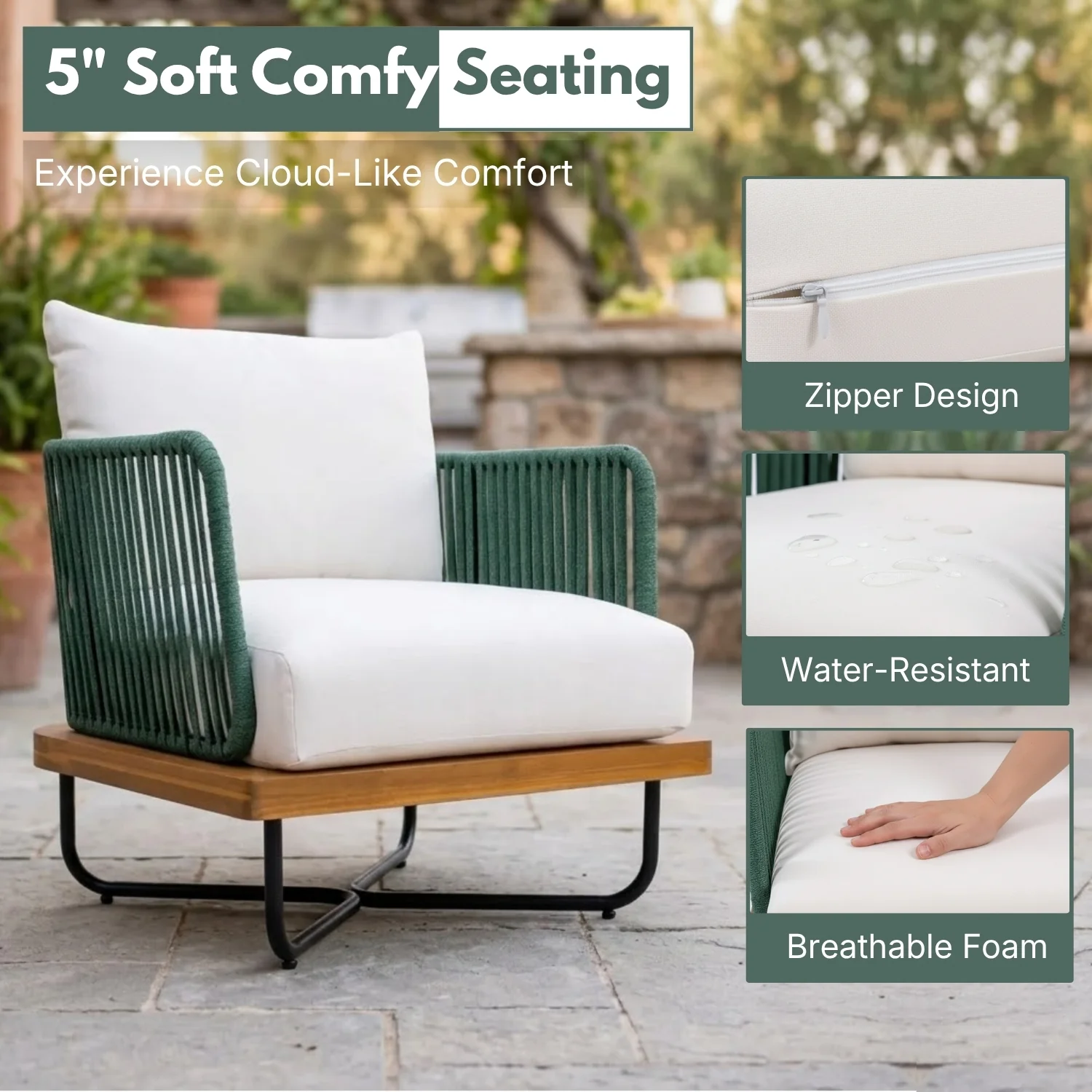 Premium All-Weather Outdoor Rope Sofa Chairs Set (Green & Off-White) - Image 4