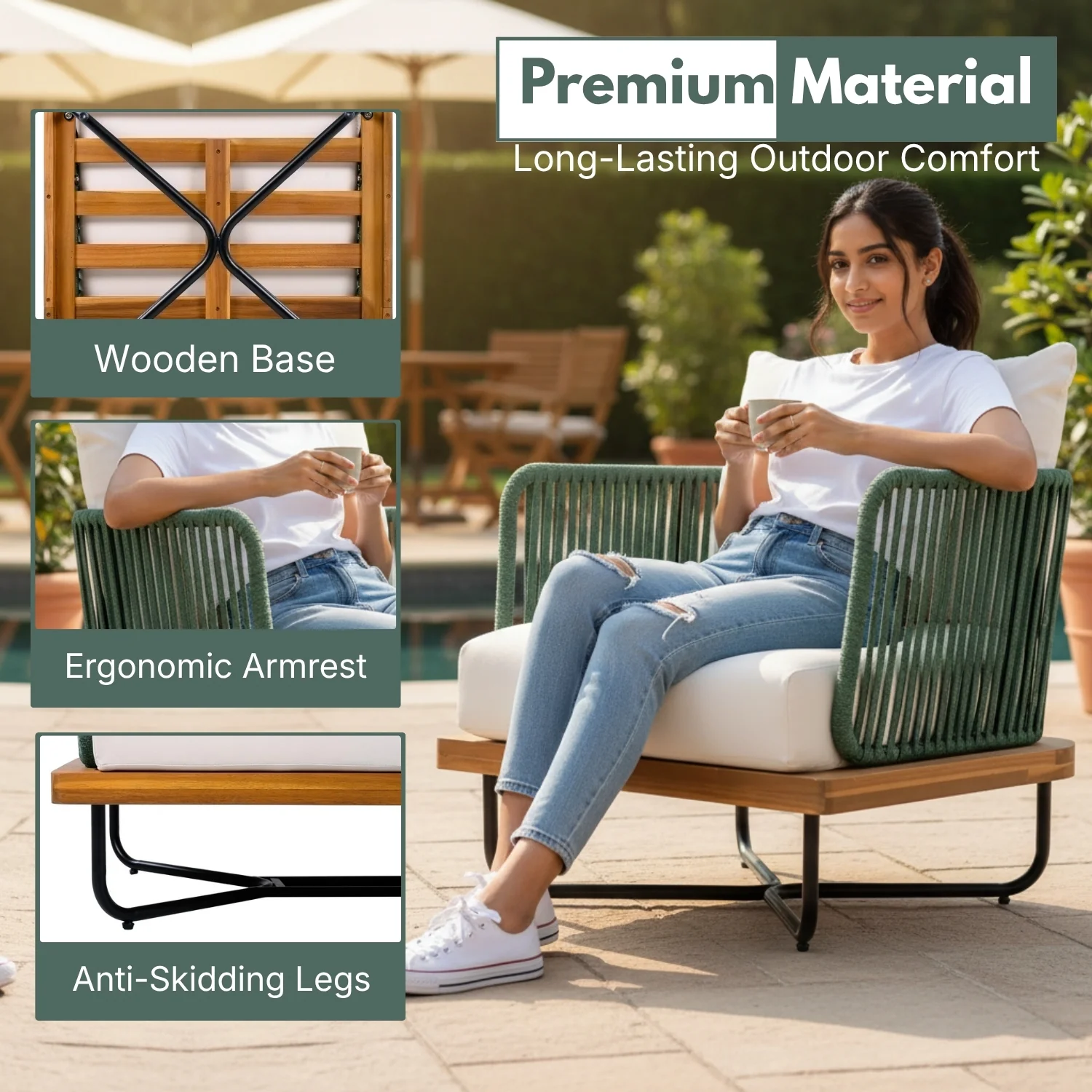 Premium All-Weather Outdoor Rope Sofa Chairs Set (Green & Off-White) - Image 5